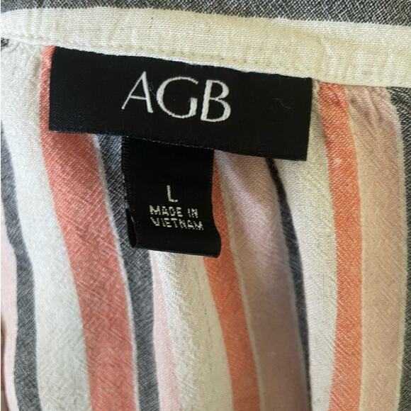 AGB Women Tunic Top L Multicolor Striped Roll Tab Long Sleeve Beachy Coastal - Picture 2 of 11